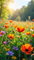 Obraz premium Vibrant wildflowers bloom in a sun-drenched meadow, creating a breathtaking display of color and natural beauty Perfect for nature, environmental, and springtime themes , pollination, natural