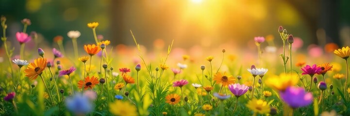 Vibrant wildflowers paint a picturesque meadow scene, bathed in the warm glow of sunlight Perfect for nature, spring, summer, and environmental themes , light, natural