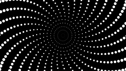 Abstract white dot spiral pattern forming a vortex on a black background. Ideal for backgrounds, optical illusion designs, or science fiction themes.