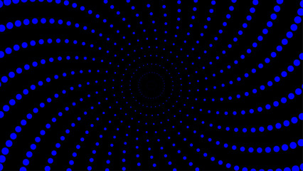 Abstract blue dot spiral pattern forming a vortex on a black background. Ideal for backgrounds, optical illusion designs, or science fiction themes.