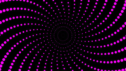 Abstract magenta dot spiral pattern forming a vortex on a black background. Ideal for backgrounds, optical illusion designs, or science fiction themes.