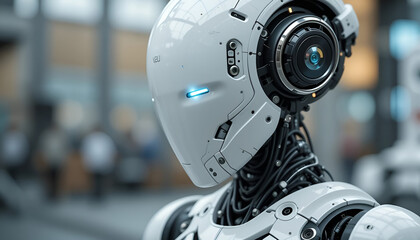 A detailed close-up profile of a futuristic white humanoid robot, featuring a sleek design, glowing blue eye, and an advanced camera lens on a blurred background.