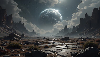 An epic and dramatic science fiction landscape of a desolate, rocky alien world, with a large planet rising in the cloudy, star-filled sky.