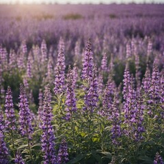 Obraz premium Panorama Purple flowers of salvia field blur summer background 