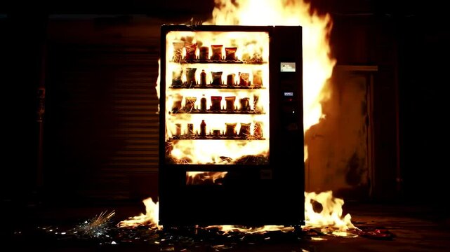 Medium shot of a snack vending machine engulfed in intense flames in a dark back alley at night