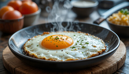A delicious close-up of a steaming hot sunny-side-up fried egg in a dark skillet, garnished with fresh herbs and pepper for a rustic breakfast.