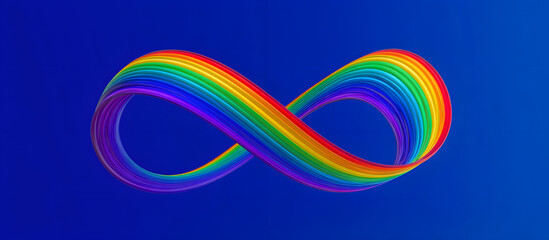 Fototapeta premium World autism awareness day background. Rainbow colored infinity on blue background. Infinity is symbol of autism disorder, adhd, neurodiversity
