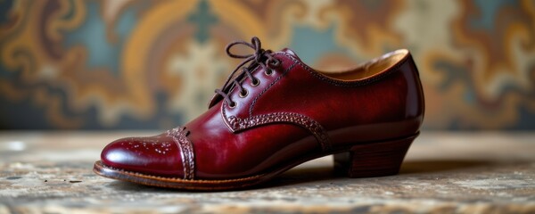 Burgundy Leather Woman's Oxford Shoe on Wooden Surface