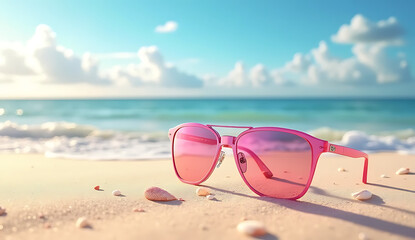 Pink sunglasses on the beach, 8K image