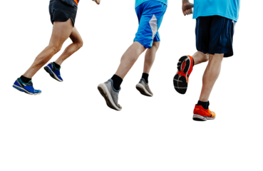 rear view three runners running marathon isolated on transparent background
