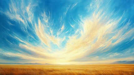 Vibrant sunset over a golden field with dramatic swirling clouds.
