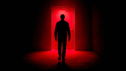 Obraz premium Silhouette of Man Walking Towards Bright Red Door or Light