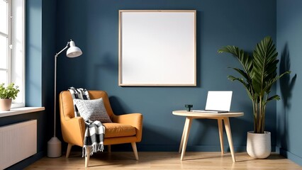 Stylish modern inrerior living room design, table, armchair, laptop with empty screen, white wooden frame for painting an wall mock up, green plant