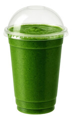Eco-friendly paper cup with a domed lid, containing a bright green kale and spinach smoothie