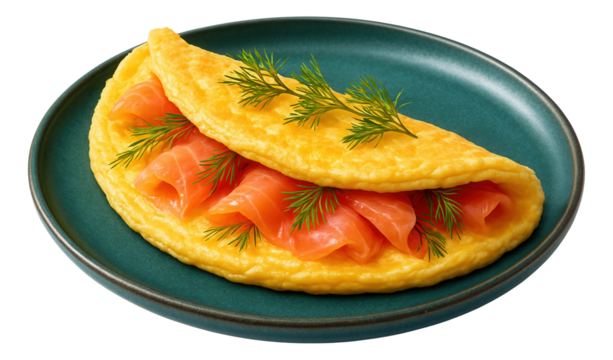 Omelet with smoked salmon and dill, artistically plated on a teal ceramic dish.