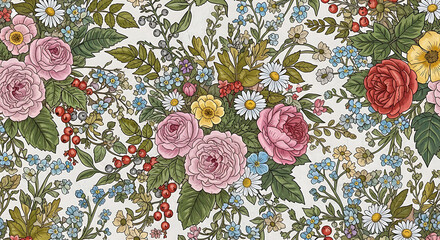 Floral pattern featuring roses, daisies, and other flowers with green leaves on a white background.