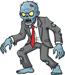 Cartoon zombie in suit, creepy undead character, scary Halloween illustration, business zombie monster, horror walking dead design, spooky brain eater cartoon, vector clipart style