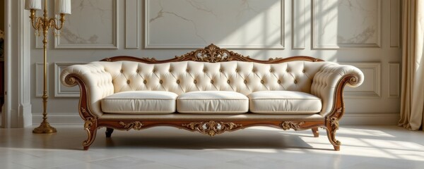 Elegant Cream Upholstered Sofa with Ornate Gold Wooden Frame in a Bright Room