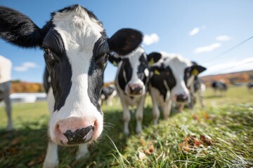 Close-Up of Black and White Cows Grazing on a Sunny Farm Meadow