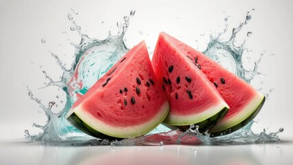 A vibrant slice of watermelon, with three triangular pieces arranged around a whole section