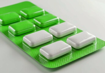 green pills on a white background, Blister Pack Chewing Gum – White Mint Tablets in Green Foil Packaging
