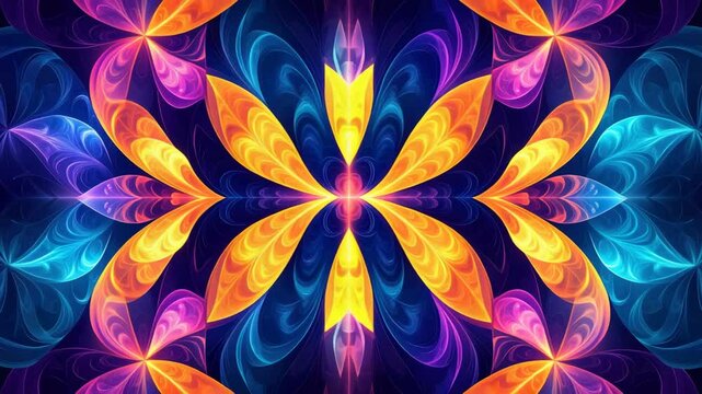 Vibrant kaleidoscope pattern with intricate floral design in bold hues of blue, orange, and purple, creating an abstract symmetrical visual feast.