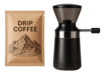 Brown kraft paper drip coffee packet with a hand-drawn mountain illustration, positioned near a coffee grinder