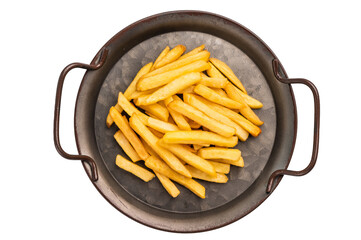 Homemade golden french fries in a tray isolated on white background