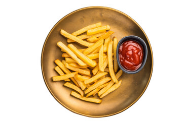 French fries, chips with ketchup  on a plate isolated on white background