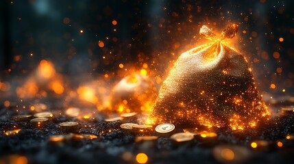 Burning sack of coins technology illustration