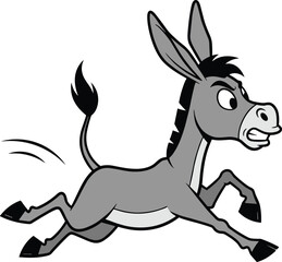 Angry cartoon donkey running fast with furious expression, vector illustration of wild farm animal, energetic movement, black and white mascot art, animated humor