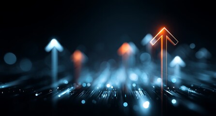 An abstract digital backdrop with arrows directed upwards, illuminated pathways indicating movement, development, and forward-thinking technology