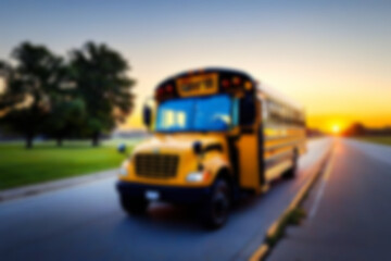Obraz premium blurry photo of yellow school bus in the morning with sunrise in the bright sky