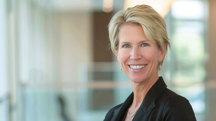 Successful mature business woman looking at camera. Business woman standing in an office.

