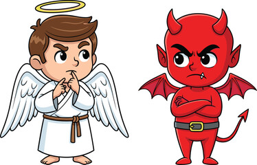Cute cartoon angel and devil characters, moral decision concept, good versus evil, heavenly and demonic contrast, funny illustration, children conflict idea, vector artwork