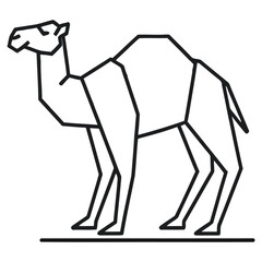 Angular line drawing of a camel legs and hump visible standing on a line