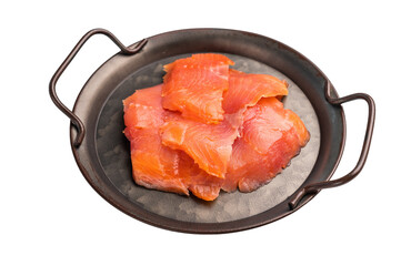 Slices of salted salmon, trout isolated on white background. top view