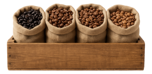 A wooden crate displaying an assortment of coffee beans in separate cloth bags