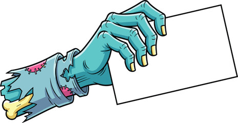 Zombie cartoon hand holding blank sign, undead hand illustration, scary Halloween design, spooky blue monster arm with card, horror banner template, comic artwork © Creative Asif
