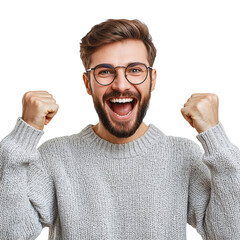 Cheerful man celebrating success with raised fists and big smile on transparent background. 

