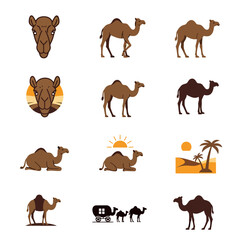 Image shows various cartoonstyle camel illustrations in brown and black