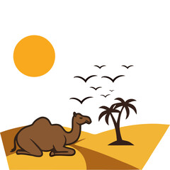 Desert scene camel sits beneath sun birds fly near palm tree on sand