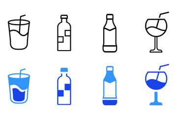 Drink and beverages line and flat icons set. Cocktail glasses and drinks. Different shapes and styles for bar or restaurant use. For app or web UI. Editable vector illustration