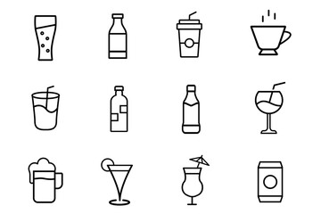 Drink and beverages line stroke icons set. Cocktail glasses and drinks. Different shapes and styles for bar or restaurant use. Editable vector illustration