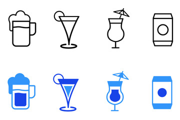 Drink and beverages line and flat icons set. Cocktail glasses and drinks. Different shapes and styles for bar or restaurant use. For app or web UI. Editable vector illustration