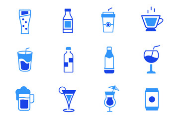Drink and beverages solid flat icons set. Cocktail glasses and drinks. Different shapes and styles for bar or restaurant use. Editable vector illustration