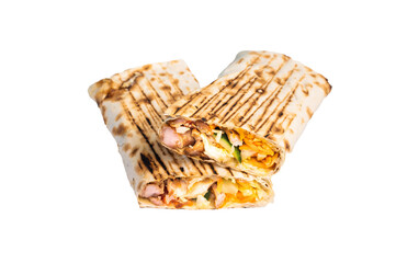 Traditional oriental shawarma, doner kebab with meat and salad isolated on white background