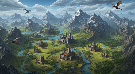 Fantasy landscape with castles and dragons