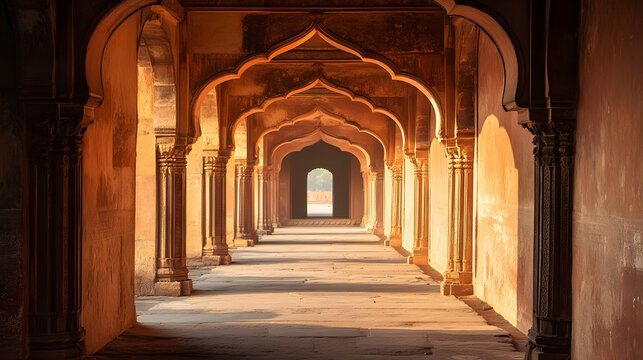Illustration of an ancient Indian palace corridor, with arched doors and intricate carvings on the walls. Illustration for studio photo background.