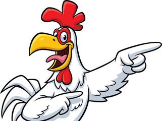 Funny cartoon chicken mascot character with big smile, pointing wings, colorful beak, red comb